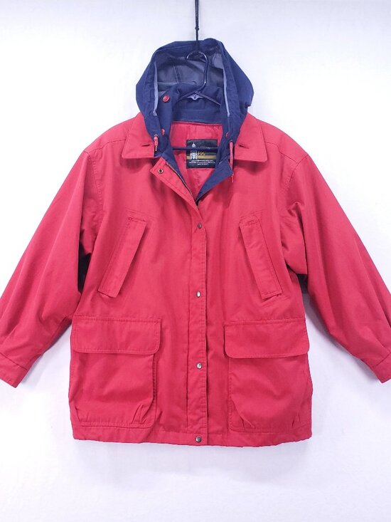 London Fog Jackets & Blazers - London Fog Women’s Parka Rain Coat Size 10 Red Full Zip Blue Hood Short Length